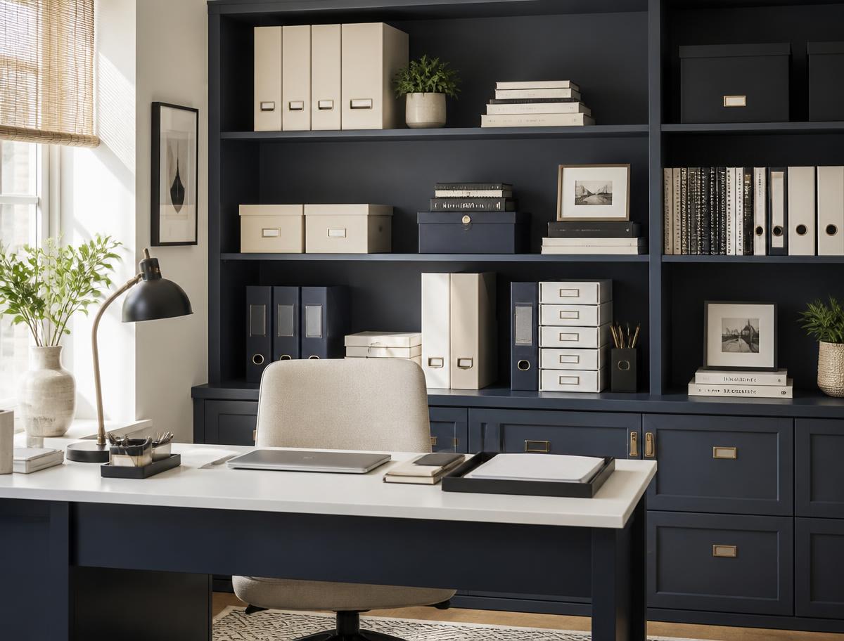 Organized office with binders, storage boxes and neatly stacked supplies