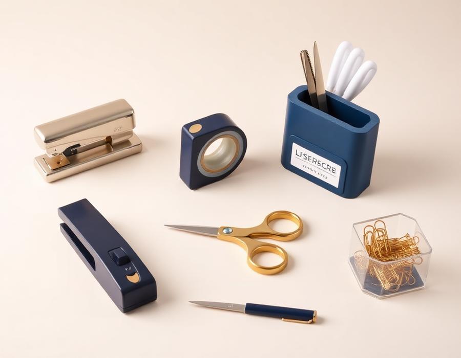 Stapler, tape dispenser, scissors, paper clips and a desk organizer