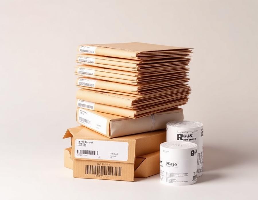 Stacked business envelopes with mailing labels and packaging supplies