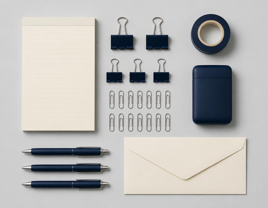 Assorted office supplies including notepad, clips, tape and pens