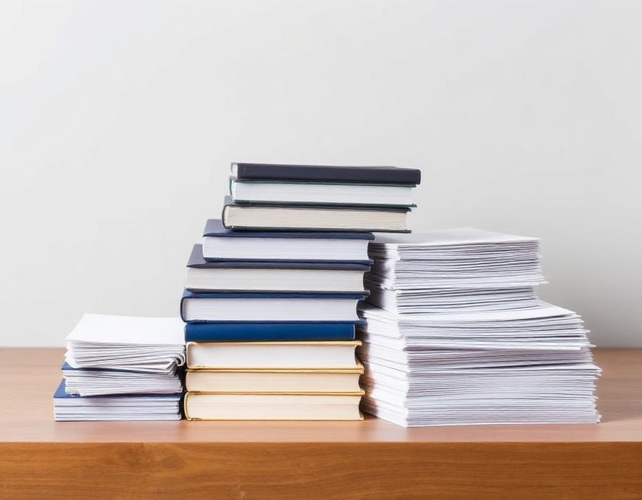 Stacked notebooks, writing pads and reams of printer paper