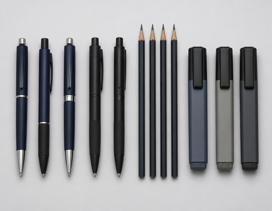 Ballpoint pens, pencils and highlighters arranged in a row