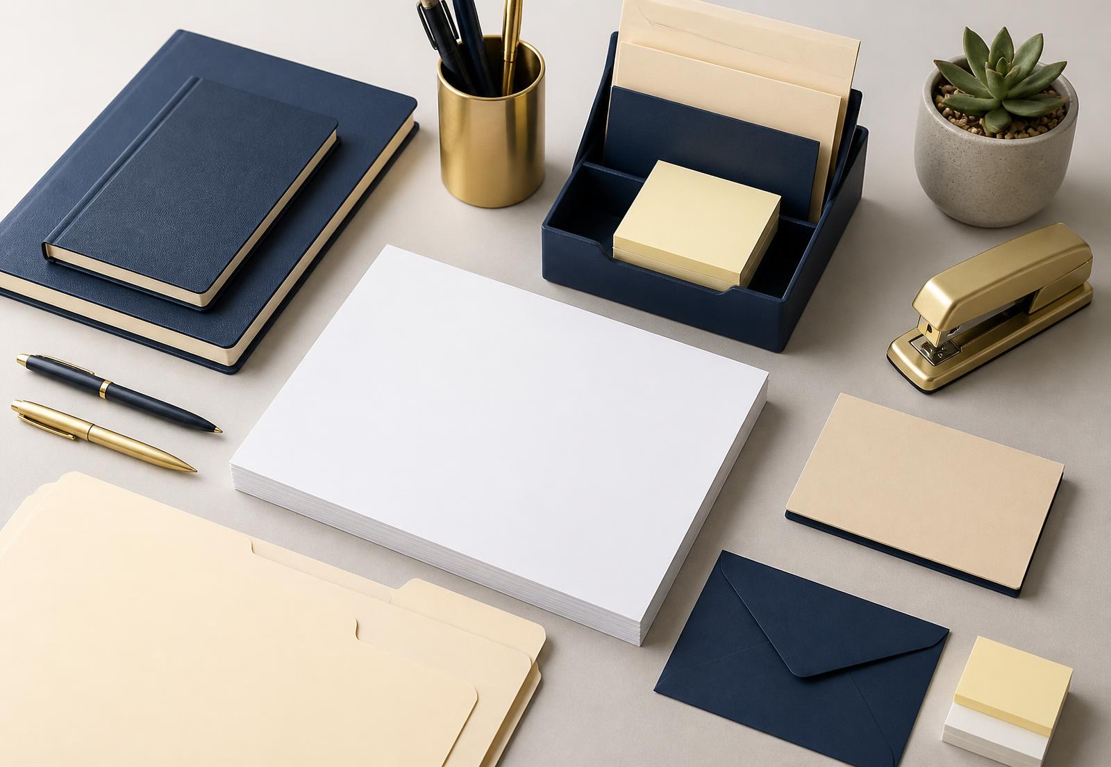 Desk workspace with notebooks, pens, printer paper, folders, envelopes and a stapler